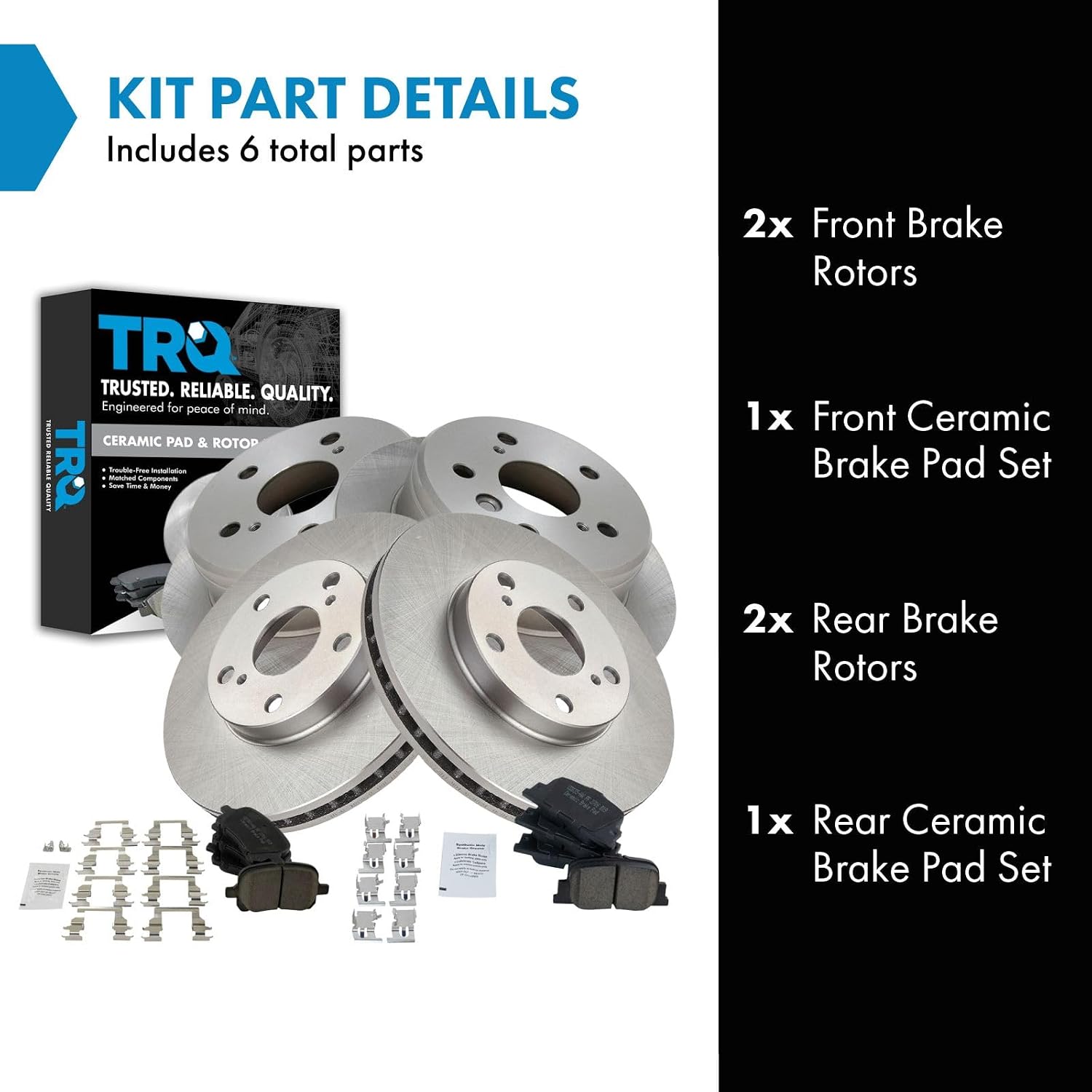 TRQ Front and Rear Brake Pad and Rotor Set Ceramic Vented Solid Rotors Compatible with 2000-2001 Lexus ES300 Toyota Camry