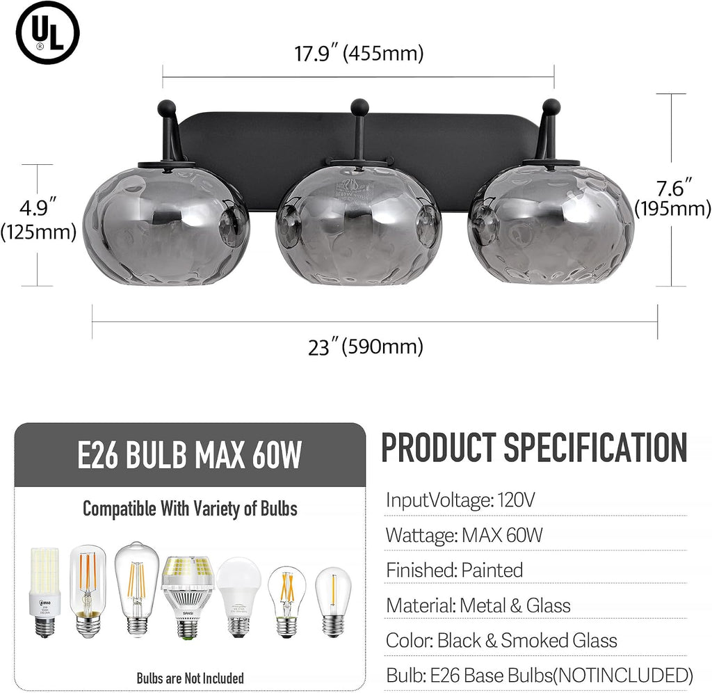 23' Matte Black Vanity Light Smoked Hammered Glass Wall Sconce 3-Light Grey Lampshade Wall Lamp for Hallway Living Room Stairwell Bathroom Over Mirror