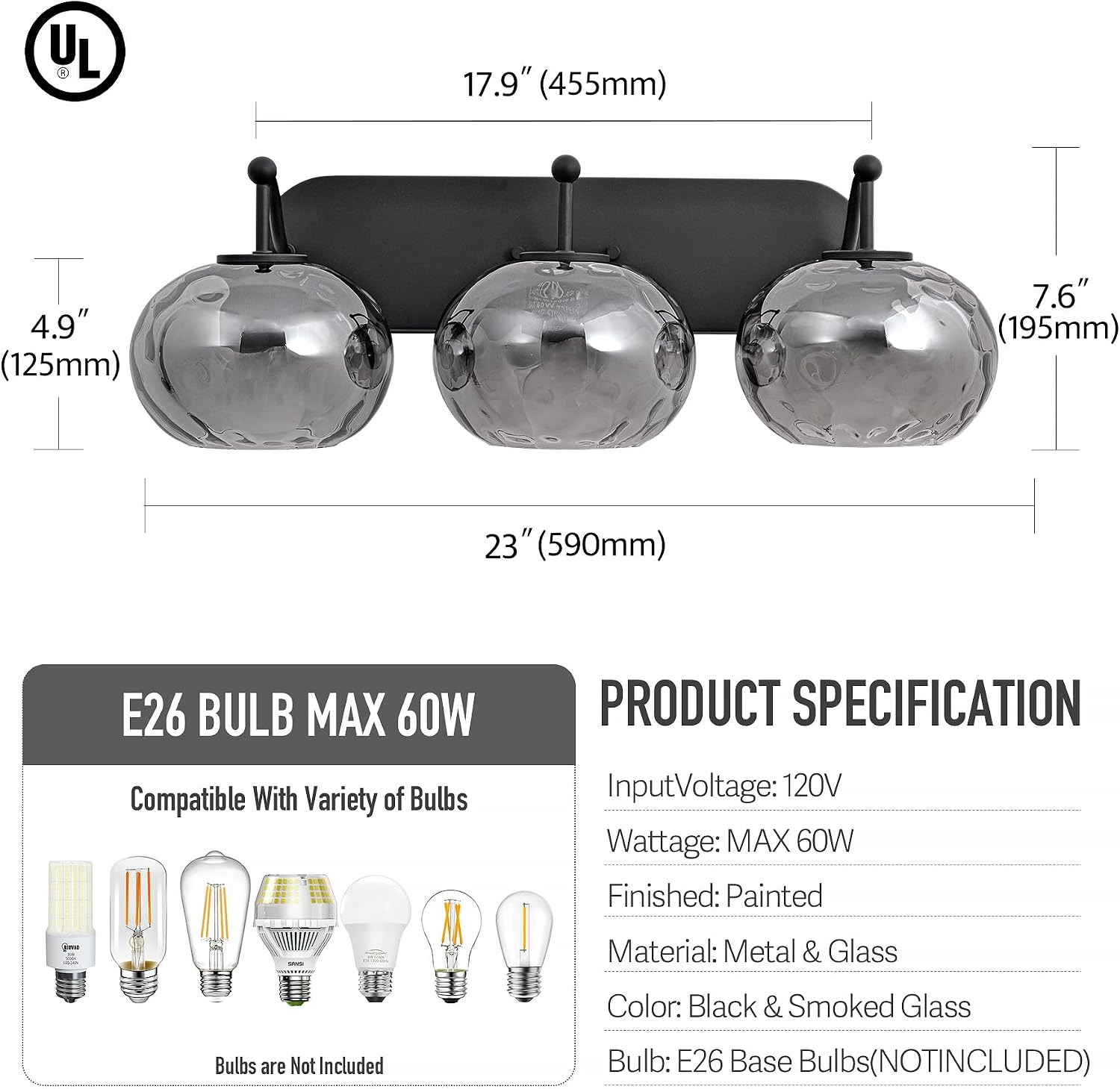 23' Matte Black Vanity Light Smoked Hammered Glass Wall Sconce 3-Light Grey Lampshade Wall Lamp for Hallway Living Room Stairwell Bathroom Over Mirror
