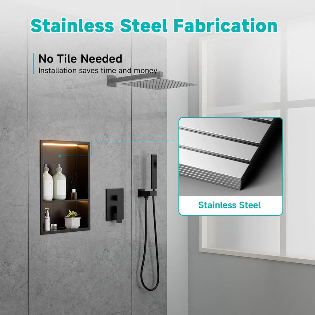 12' x 18' Stainless Steel Shower Niche with LED Lights – Recessed 2-Tier Shower Shelf, 12'x12' Upper & 12'x6' Lower Storage, Modern Bathroom Wall Niche (Black)