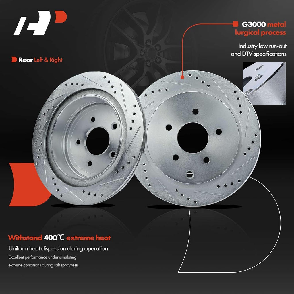A-Premium Front and Rear Drilled and Slotted Disc Brake Rotors + Ceramic Pads Kit Compatible with Select Nissan & Infiniti Models - Murano 2003-2007/2009-2012, FX35/FX45 2003-2005, 12-PC Set