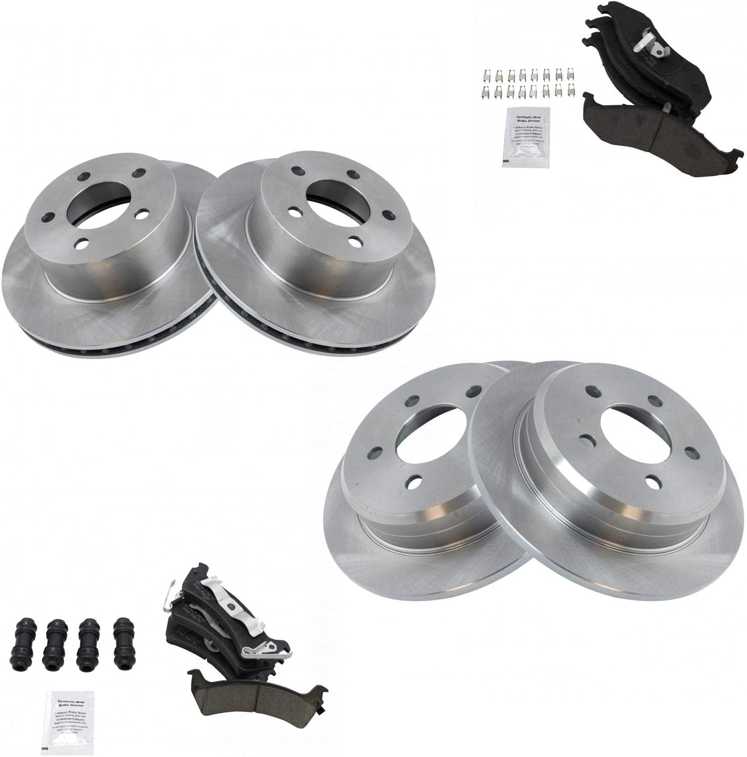 TRQ Front and Rear Brake Pad and Rotor Set Ceramic Vented Solid Rotors Compatible with 1995-1998 Jeep Grand Cherokee