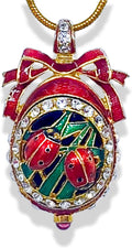 Ladybugs Red Guilloché Enamel Sterling Silver Necklace Pendant Genuine Garnet Crystals 24k Gold Plate Chain