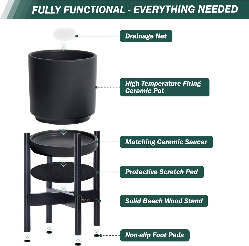 D'vine Dev Ceramic Planter with Ebony Stand - 12 Inch Modern Round Flower Pot with Wood Planter Holder, Black, 55-B-H-2