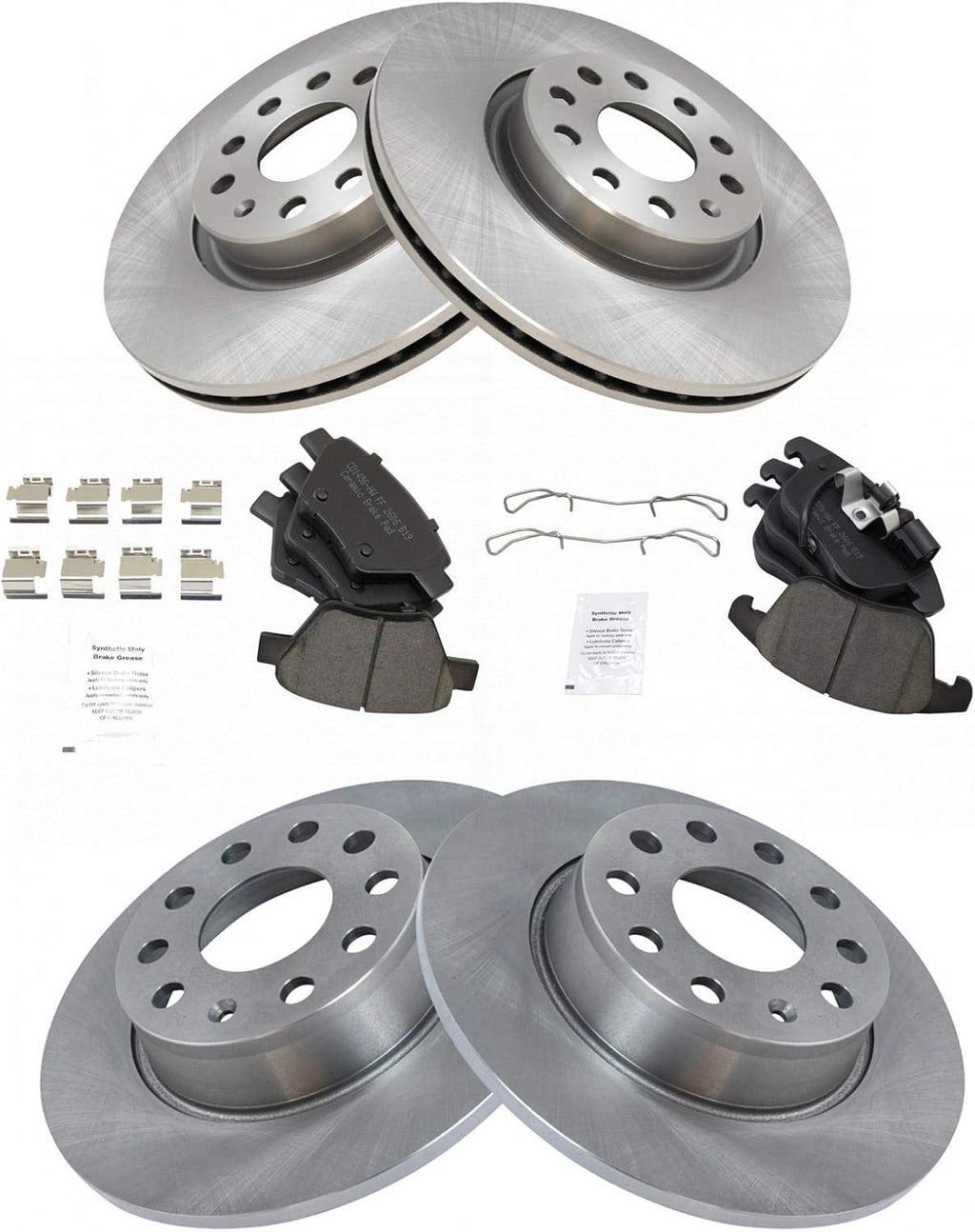 TRQ Front and Rear Brake Pad and Rotor Set Ceramic Vented Solid Rotors Compatible with 2012-2015 Volkswagen Passat