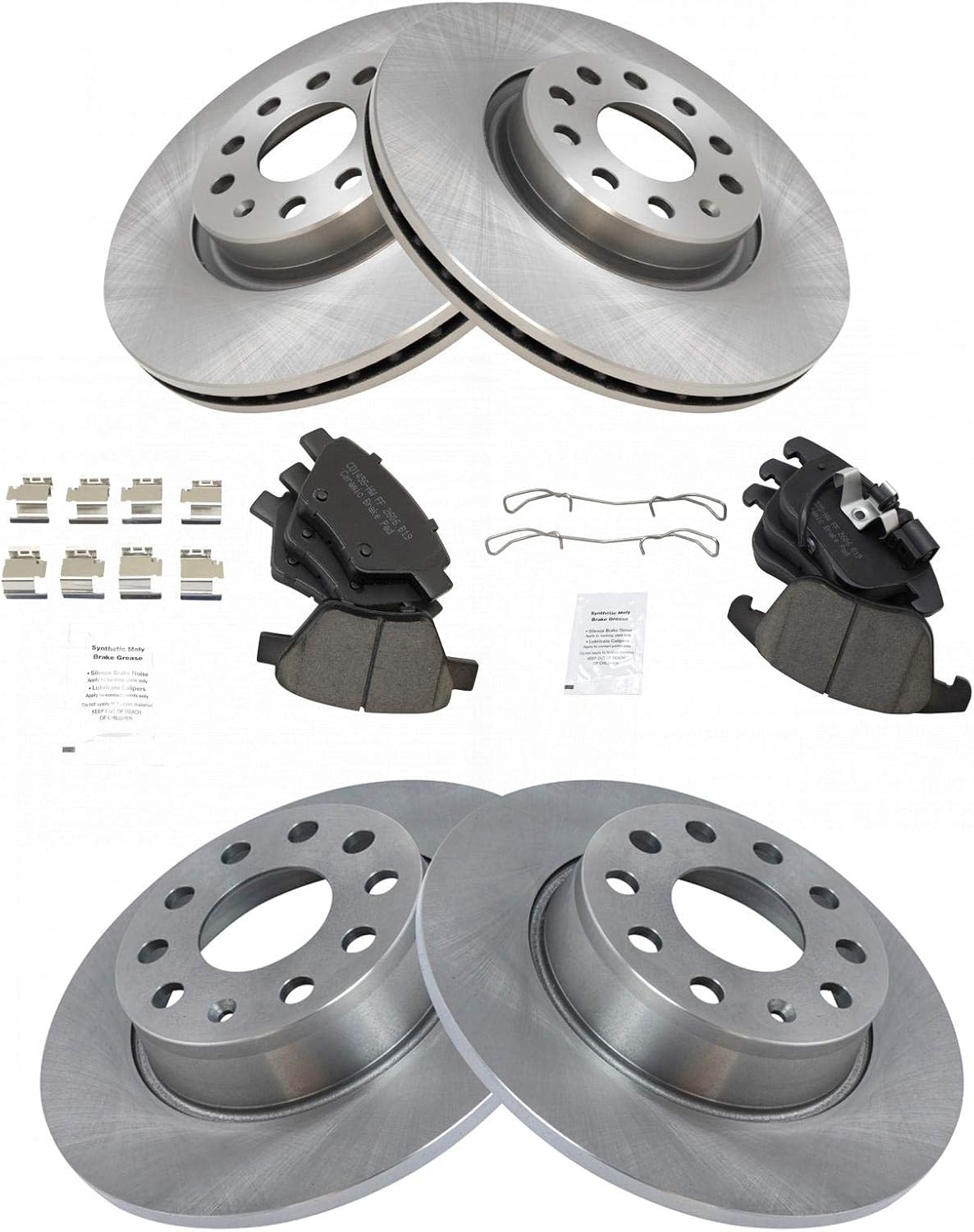 TRQ Front and Rear Brake Pad and Rotor Set Ceramic Vented Solid Rotors Compatible with 2012-2015 Volkswagen Passat