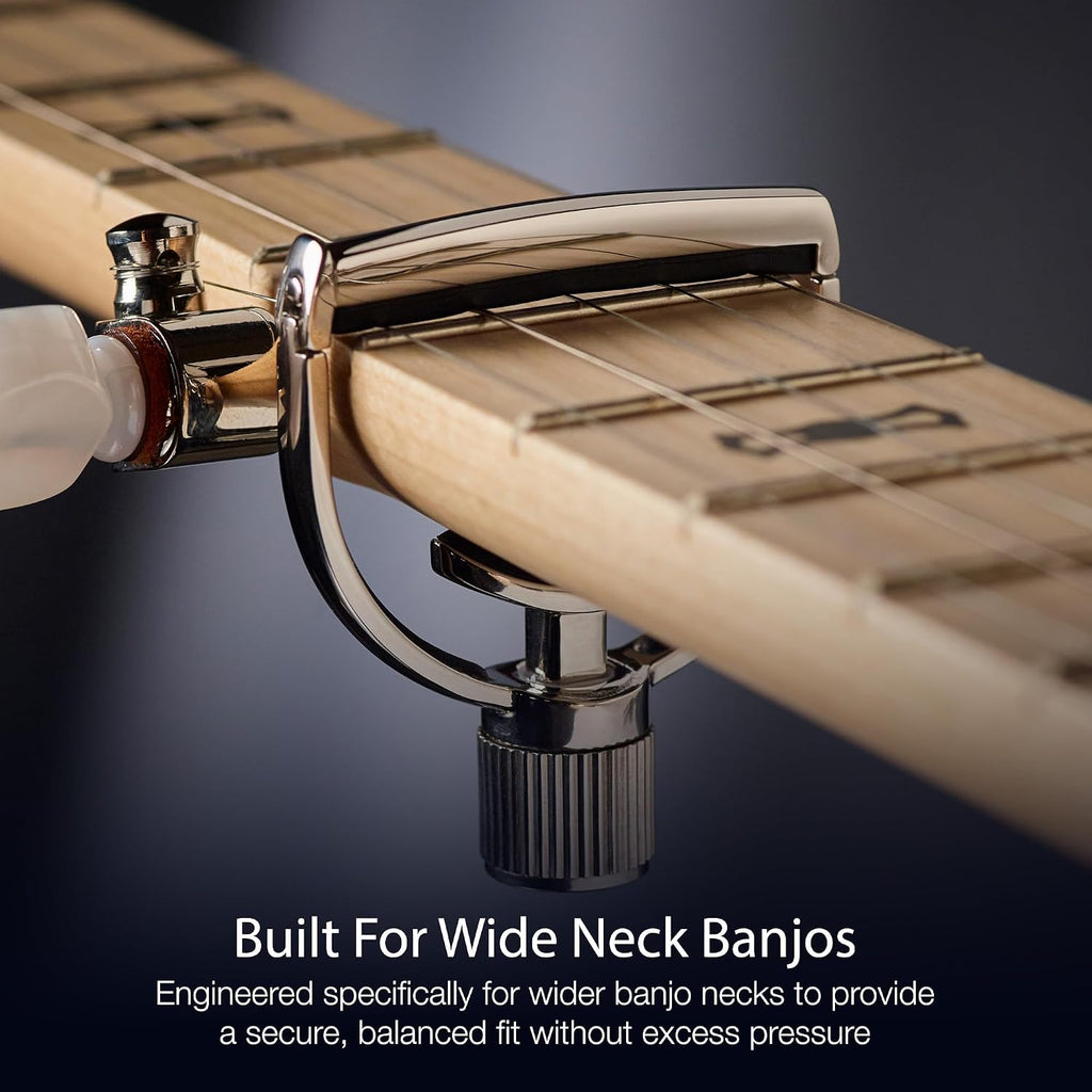 G7th Heritage Silver Banjo Wide Capo S1 - Adjustable Tension Control & Adaptive Radius Technology with Protective Silicone Pads - Yoke-Style Capo for Banjos, UK Design