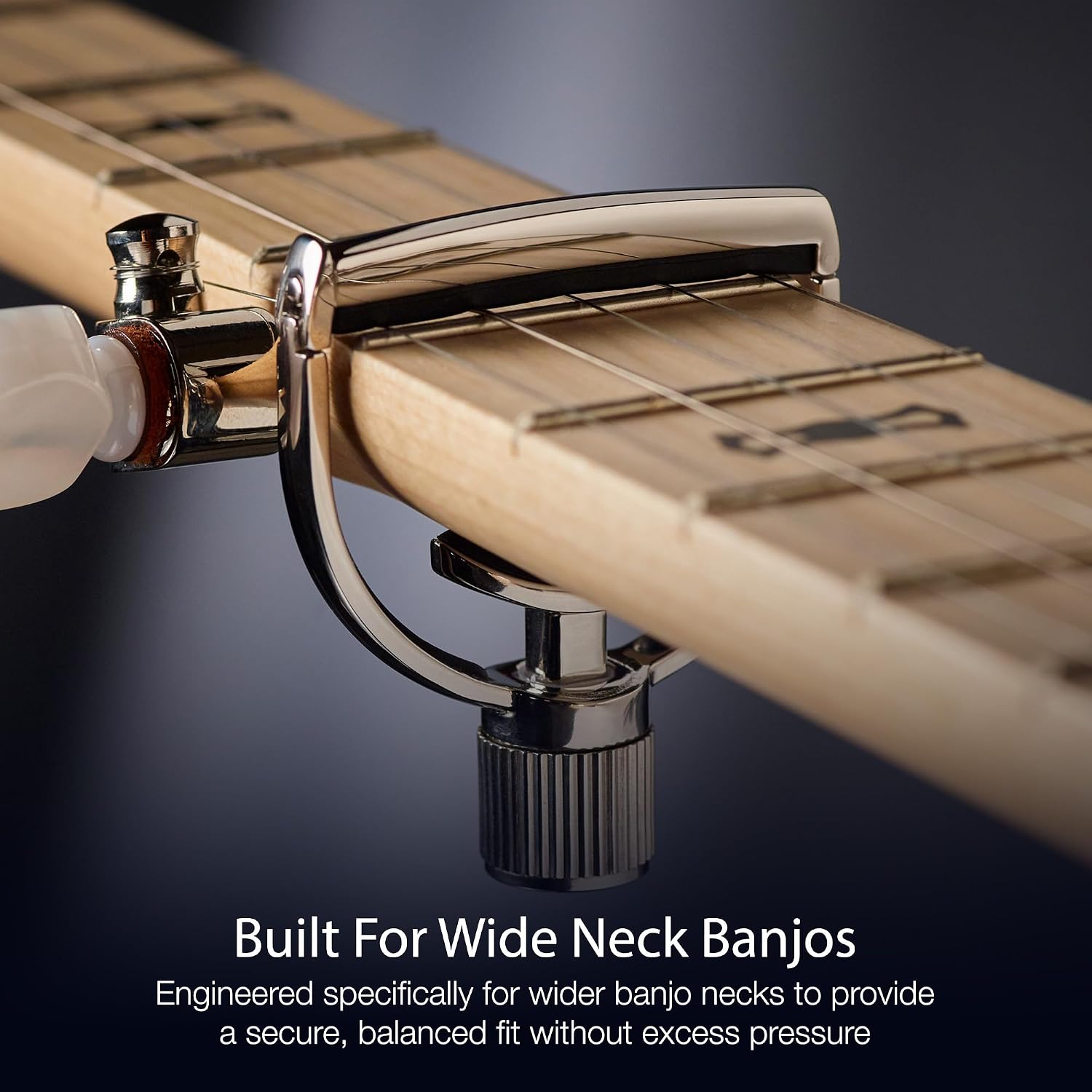 G7th Heritage Silver Banjo Wide Capo S1 - Adjustable Tension Control & Adaptive Radius Technology with Protective Silicone Pads - Yoke-Style Capo for Banjos, UK Design