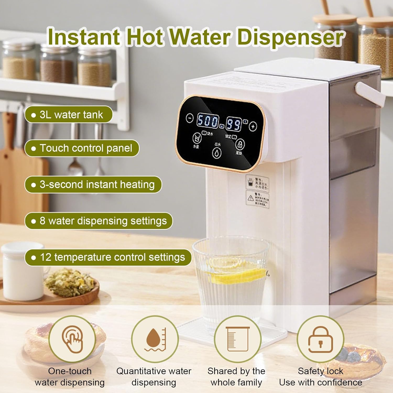 Hot Water Dispenser Countertop, Portable 2000W Fast Heating Water Boiler with 3L Detachable Water Tank, 12 Temp Settings, 8 Volume Control & Safety Lock, for Home, Office, Travel