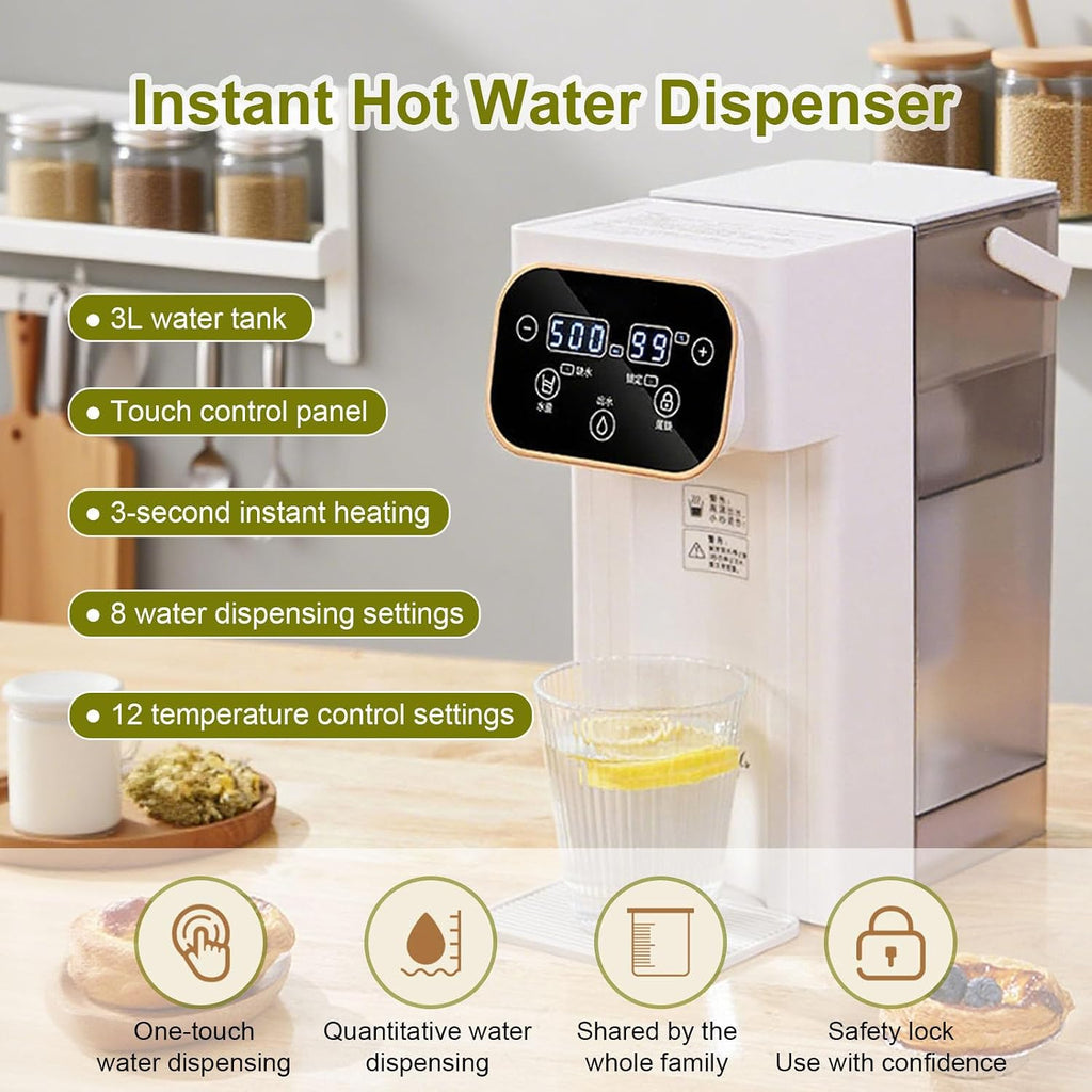 Instant Hot Water Dispenser Countertop, Portable 2000 W Fast Heating Water Boiler, LED Touch Screen, with 3L Detachable Water Tank, for Homes Offices Schools Dormitories