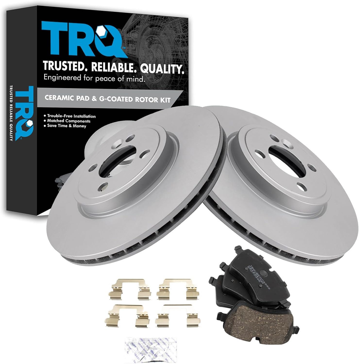 TRQ Front Brake Pad and Rotor Set Ceramic G Coated Vented Rotors Compatible with 2007-2015 Mini Cooper