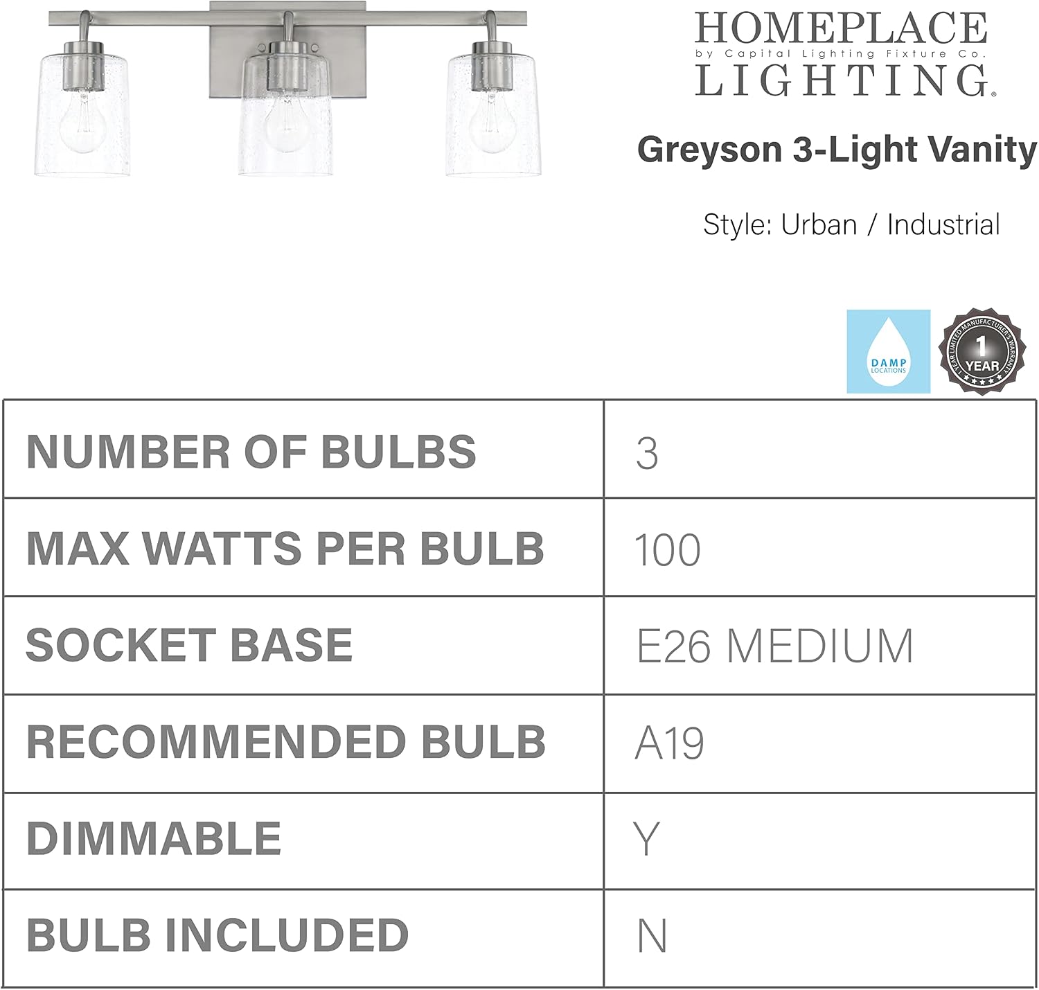 HomePlace Lighting 128531BN-449 Greyson Urban/Industrial Clear Seeded Glass Bathroom Vanity Wall Light, 3-Light 300 Total Watts, 9' H x 25' W, Brushed Nickel
