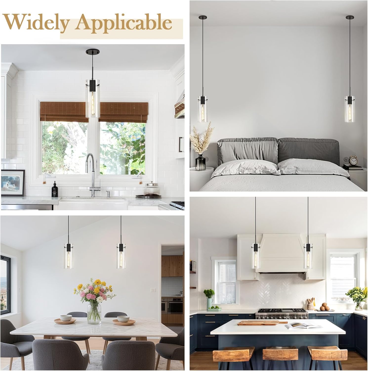 Glass Black Pendant Light, 3 Pack Modern Kitchen Island Pendant Lighting with Ribbed Glass, Adjustable Cord Minimalist Pendant Light for Over Island, Dining Room, Bathroom Bedroom