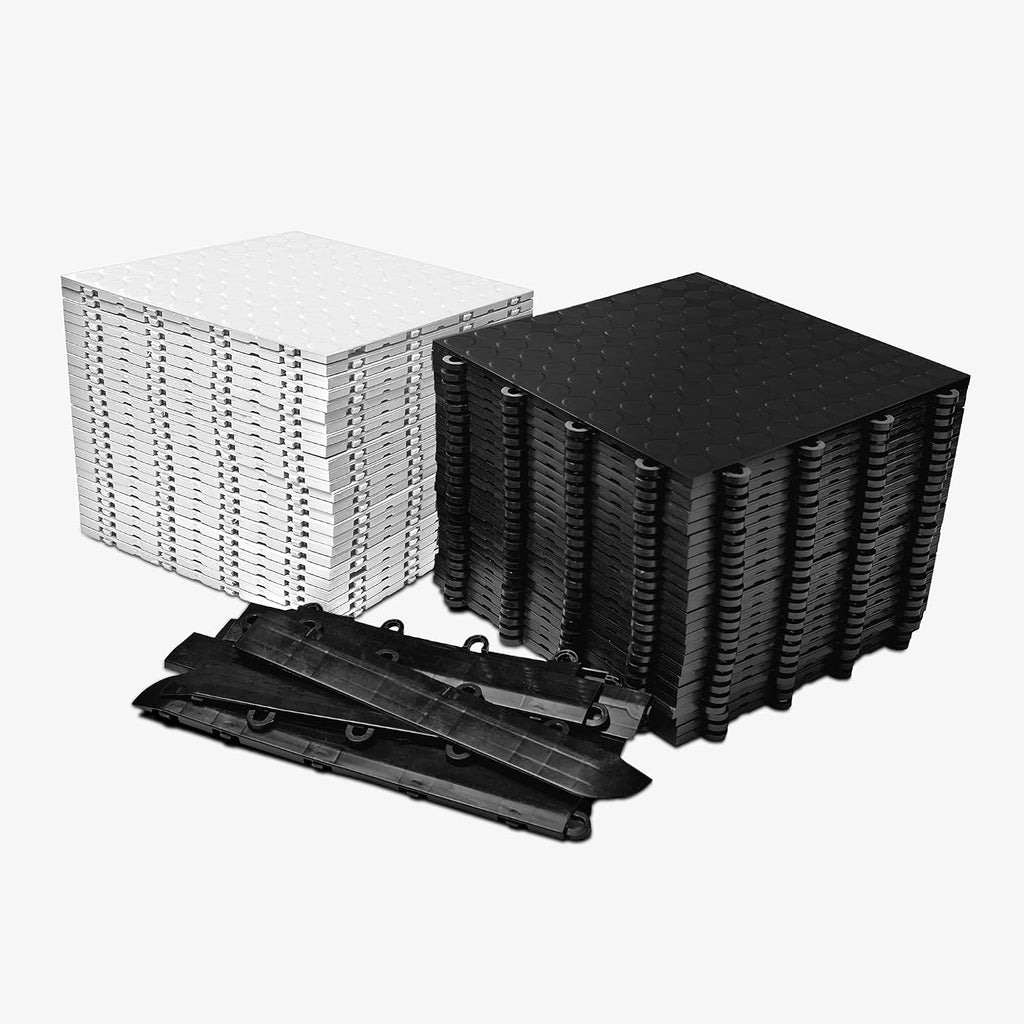 IncStores ⅜ Inch Thick Nitro Interlocking Garage Floor Tiles | Plastic Floor Tile Set for Parking, Protecting, and Displaying Motorcycles | 12'x12' Tiles, Coin, Black/Arctic White