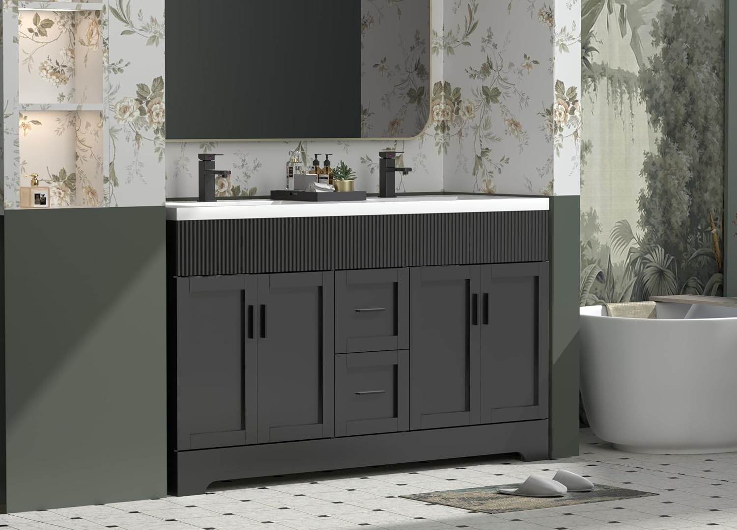 eclife 60' Bathroom Vanities Sink Combo with Painted Surface, Modern Drawered Cabinet W/Decorative Wave Lines, Undermount Double White Sink, Matte Black Faucet Drain, Black