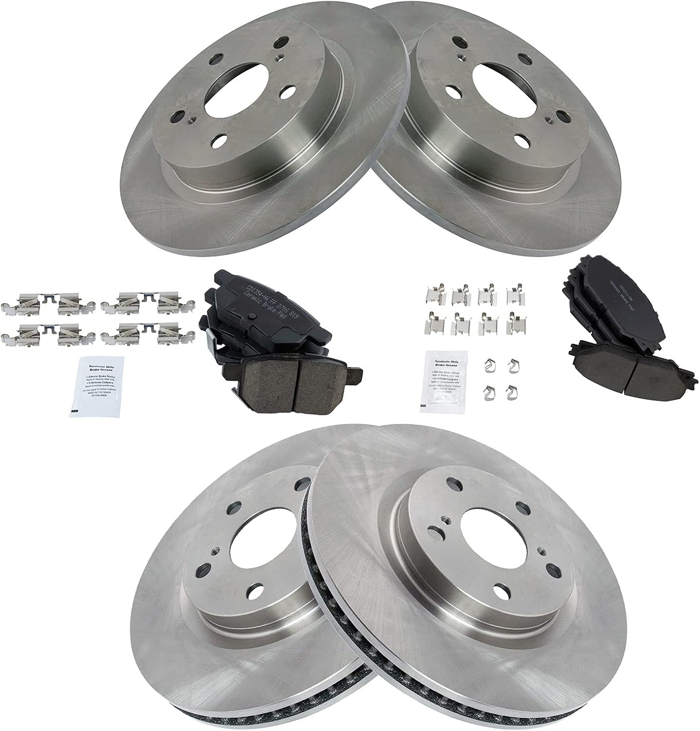 TRQ Front and Rear Brake Pad and Rotor Set Ceramic Vented Solid Rotors Compatible with 2011-2016 Scion tC