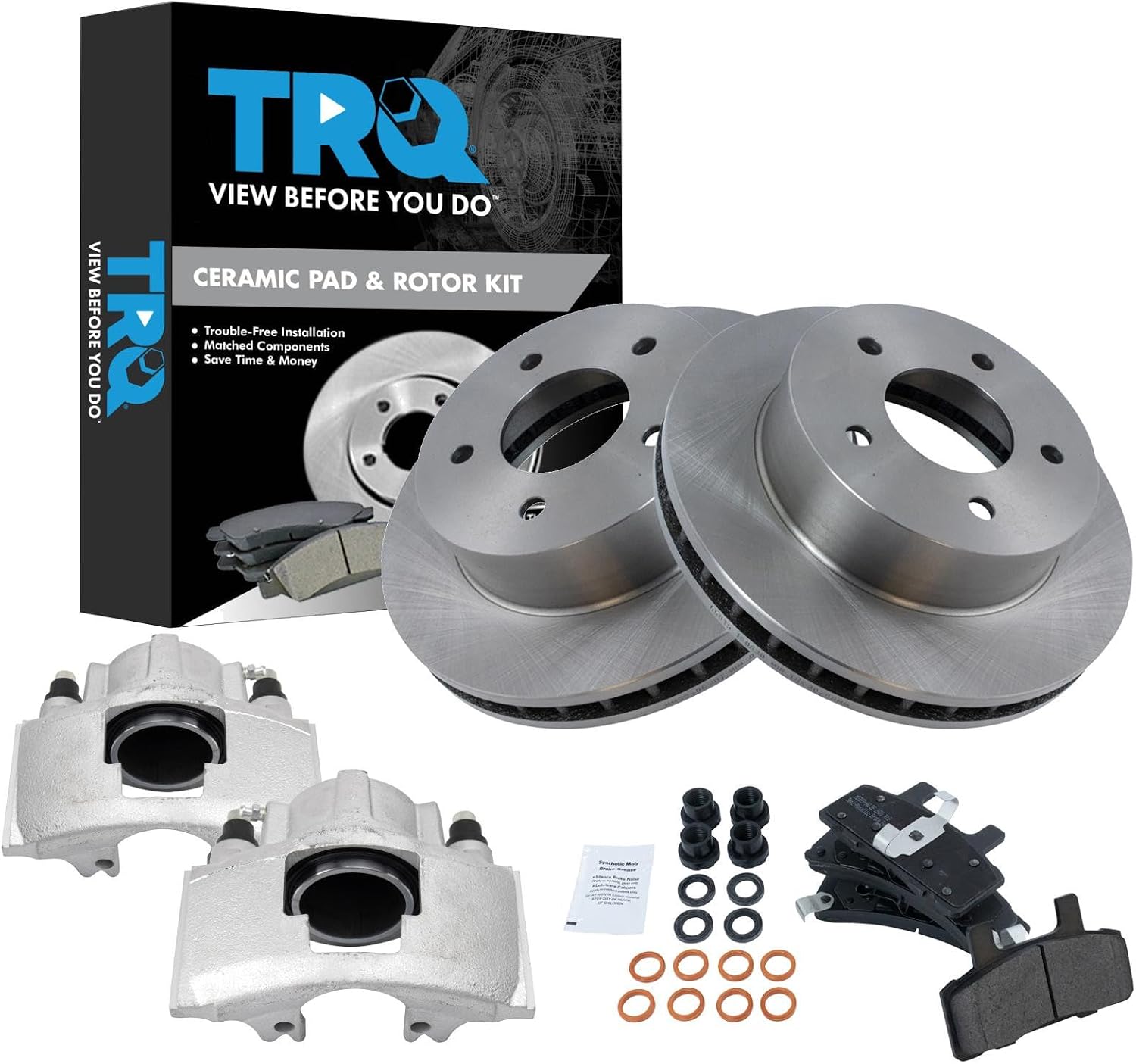 TRQ Front Brake Pad and Rotor Set Ceramic Vented Rotors Calipers Compatible with 1990-2002 Chevrolet Astro 1990-2002 GMC Safari