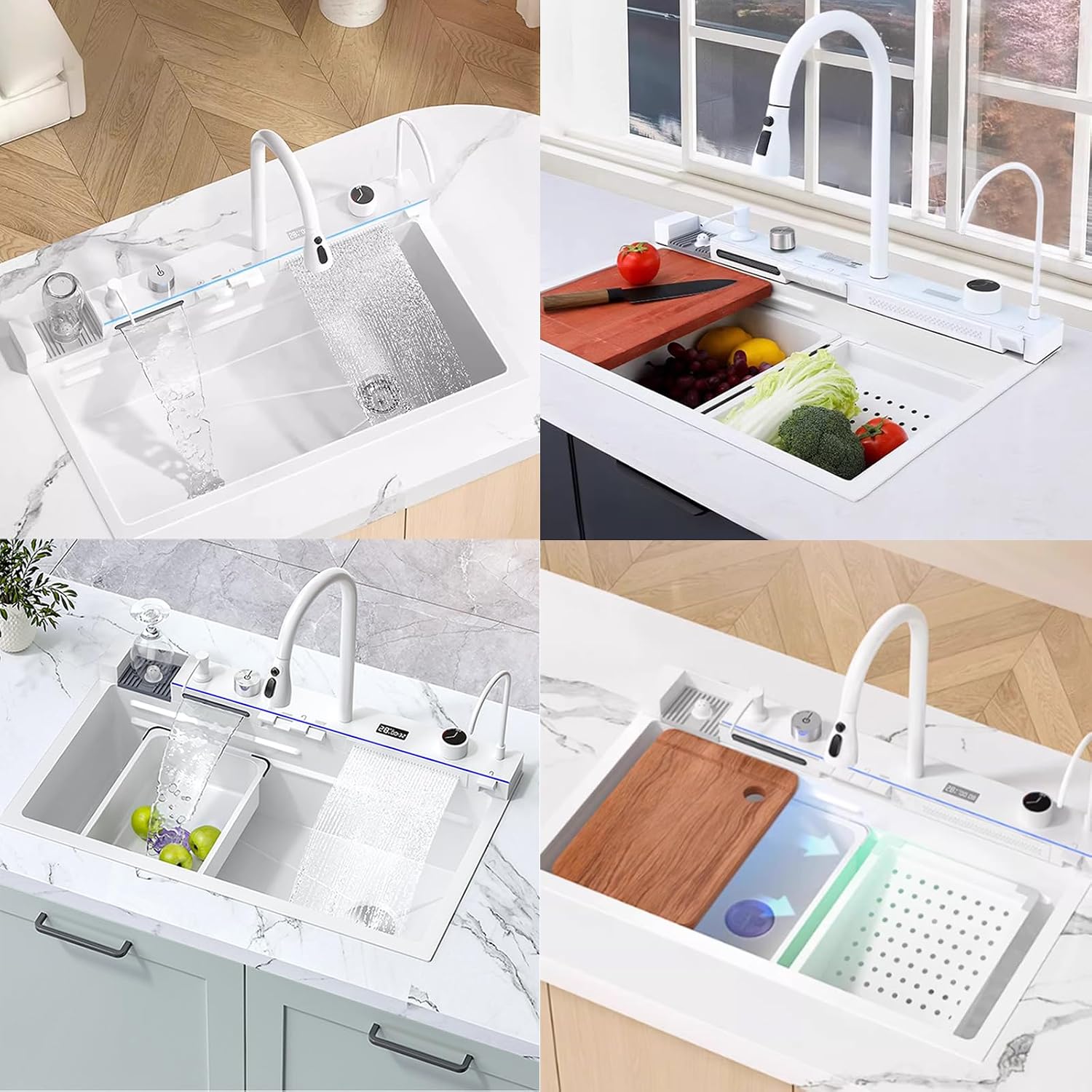 Double Waterfall Sink with LED Display, Cup Washer, Soap Dispenser, Worktop Controller, etc. (White, 26.8 * 18.1 * 8.7 IN)