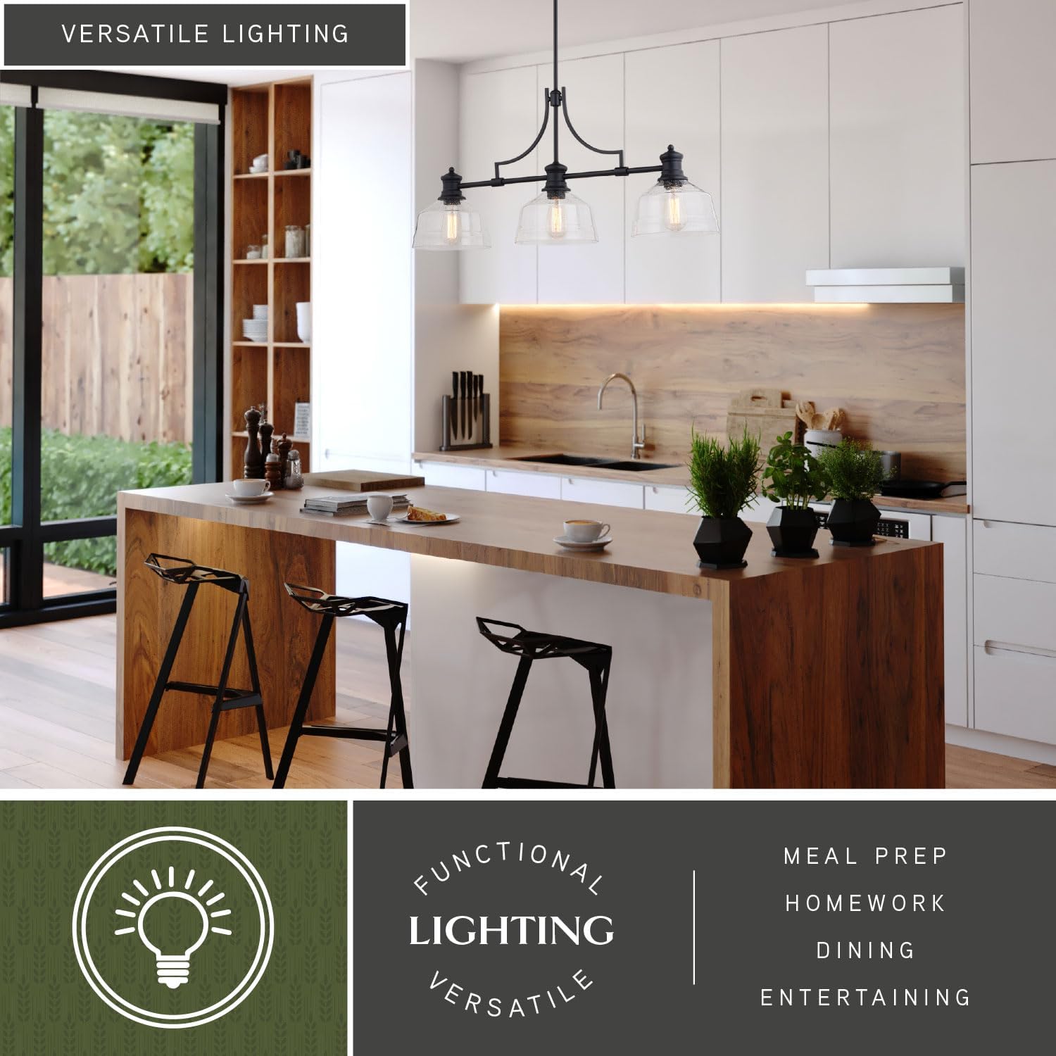 VAXCEL Beloit 3-Light, LED Compatible, Black Farmhouse Linear Chandelier, Island Pendant Light Fixture, Clear Seeded Glass, Matte Black Finish, Adjustable Height