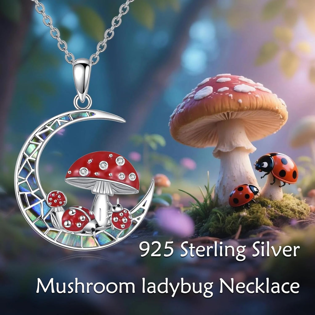 Diamond Moon Mushroom Necklace for Women 925 Sterling Silver Red Mushroom Ladybug Pendant Necklace with Abalone Jewelry Gifts for Mom Wife Sister Friend Christmas Birthday,18+2 inch