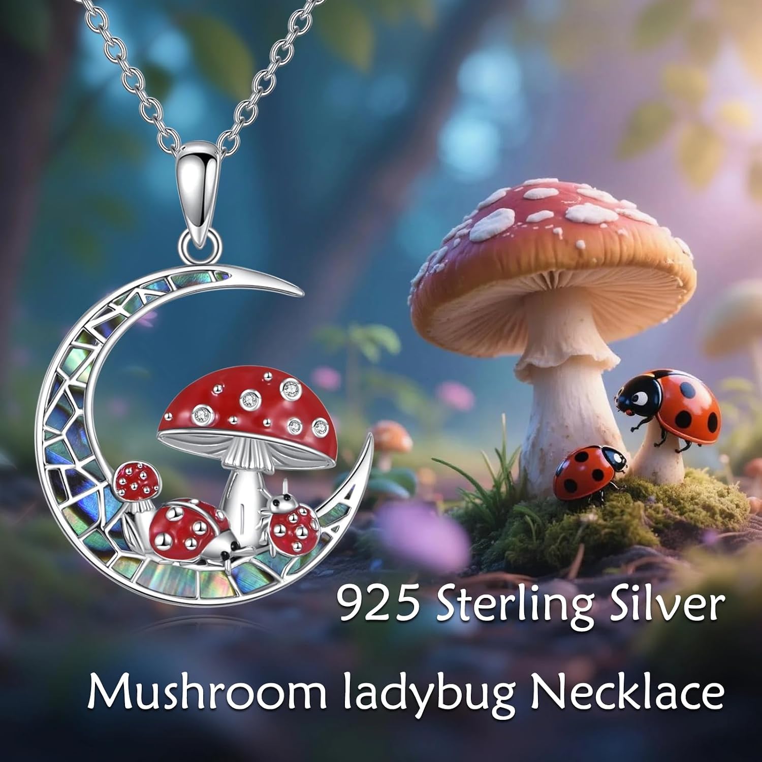 Diamond Moon Mushroom Necklace for Women 925 Sterling Silver Red Mushroom Ladybug Pendant Necklace with Abalone Jewelry Gifts for Mom Wife Sister Friend Christmas Birthday,18+2 inch