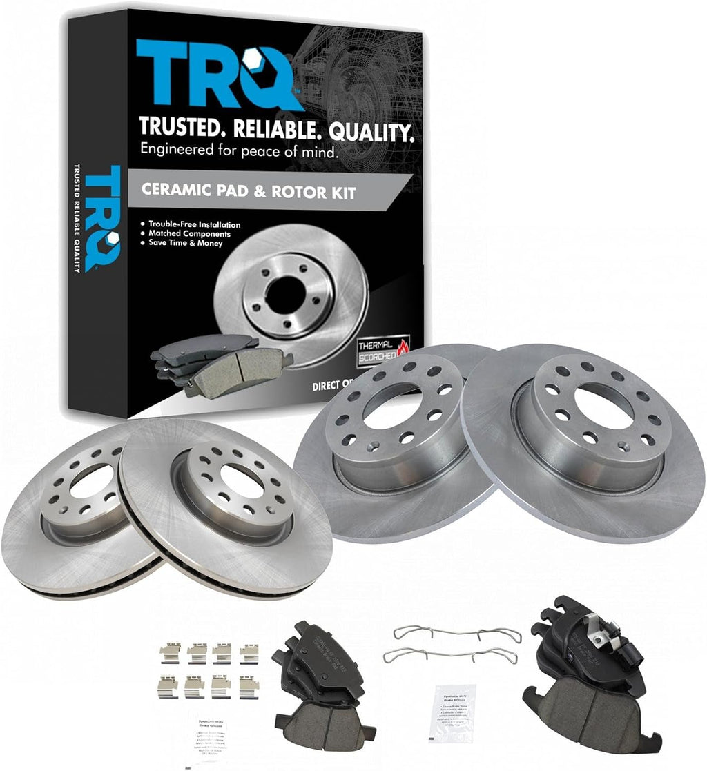 TRQ Front and Rear Brake Pad and Rotor Set Ceramic Vented Solid Rotors Compatible with 2012-2015 Volkswagen Passat