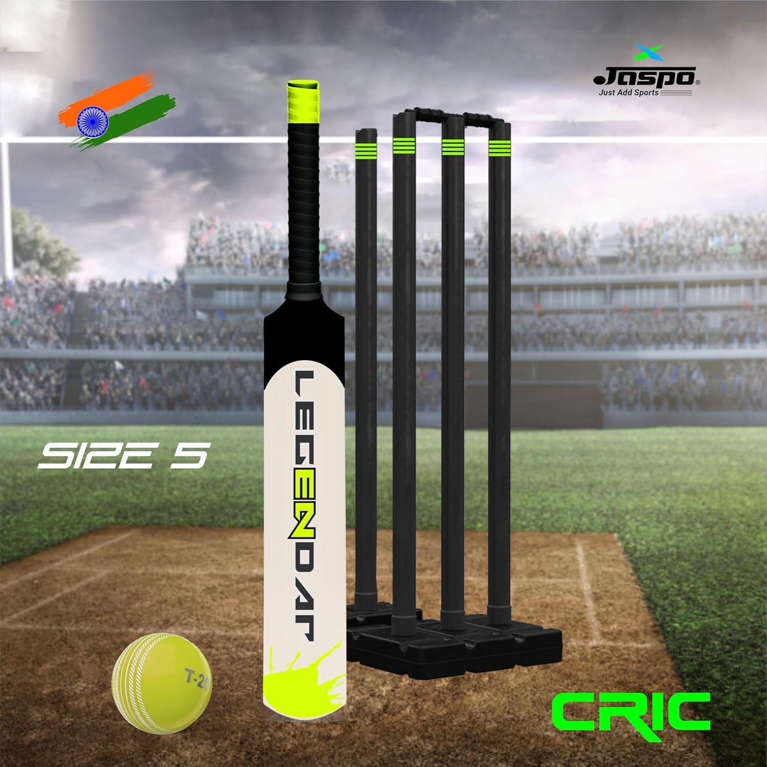 jaspo Cric-Addict Legender Cricket Set for Kids, Kit with legguards,Gloves,Bag,Ball,4stumps,2stands,2bails & a Strong Plastic bat for Initial Training, for Boys Girls(Size-5) up to 12 Years