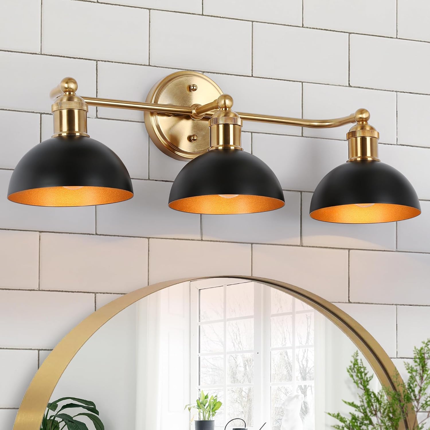 KSANA Black Brass Vanity Light, Modern Farmhouse Black and Gold Dome Bathroom Light, 3-Light Wall Lighting Fixture for Kitchen, Bedroom and Hallway