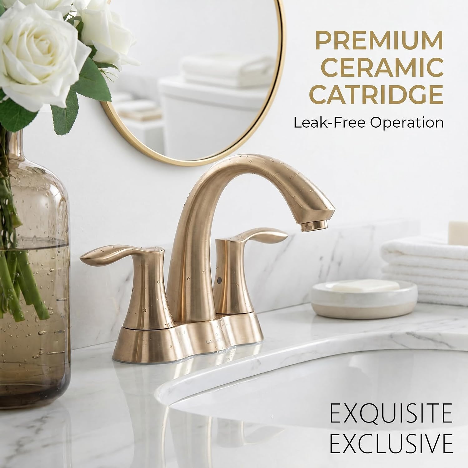 Lava Odoro Champagen Gold Bathroom Faucet 3 Hole, 2 Handle Bathroom Sink Faucet, 4 Inch Centerset Bathroom Faucet with Drain Assembly, BF423-CB