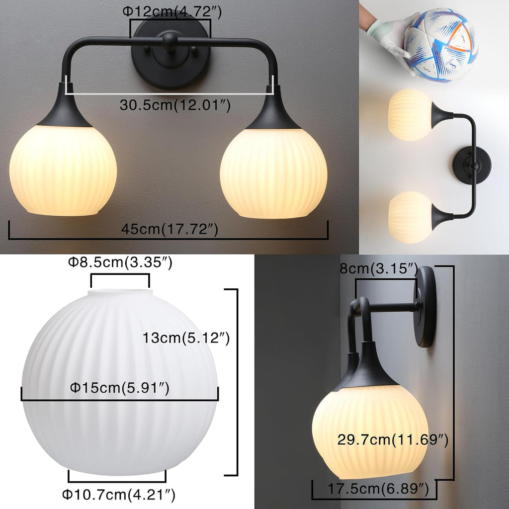 PERMO Double Sconce Black Vintage Vanity Light with White Ribbed Globe Glass Shade Hardwired Wall Light Fixture for Bathroom Mirror Cabinets Hallway Stairs