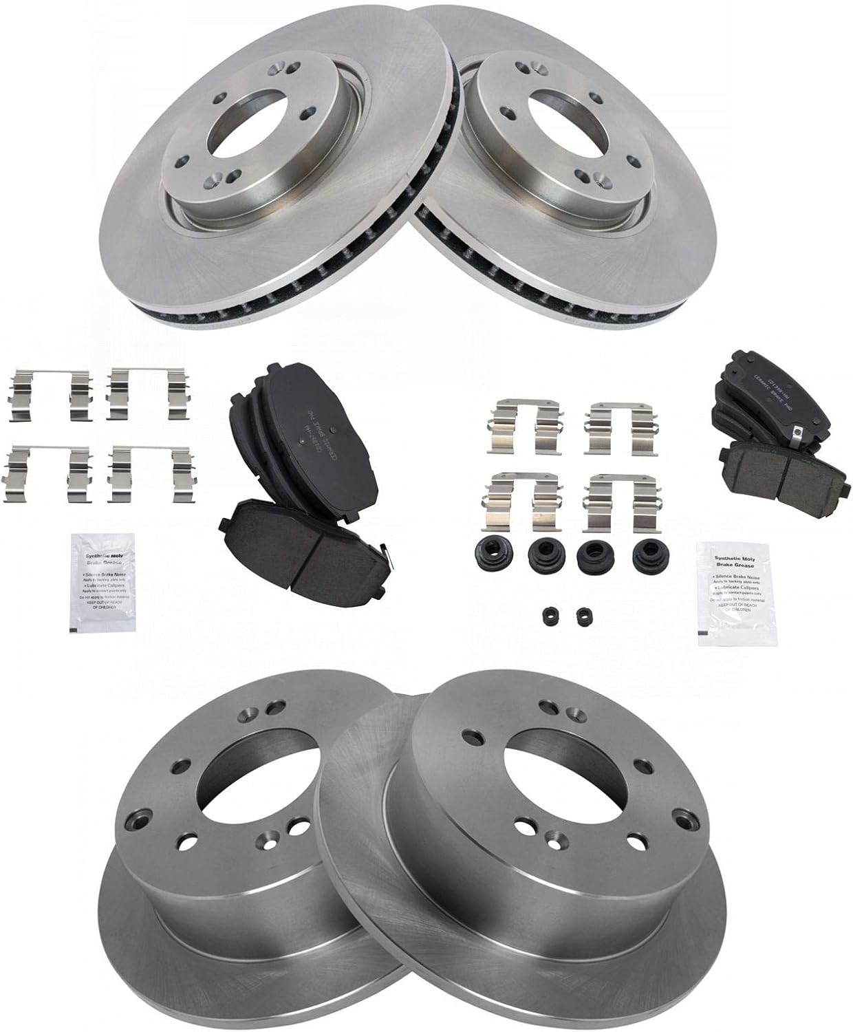 TRQ Front and Rear Brake Pad and Rotor Set Ceramic Vented Solid Rotors Compatible with 2010-2013 Kia Forte 2010-2013 Forte Koup
