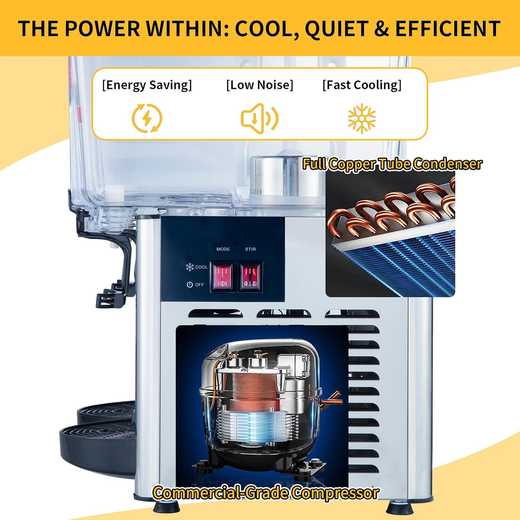Commercial Beverage Dispenser, 36L Dual-Tank 300W Refrigerated Cooler | Maintains 45-54°F with independent cooling and mixing controls, stainless steel body, and removable tanks.