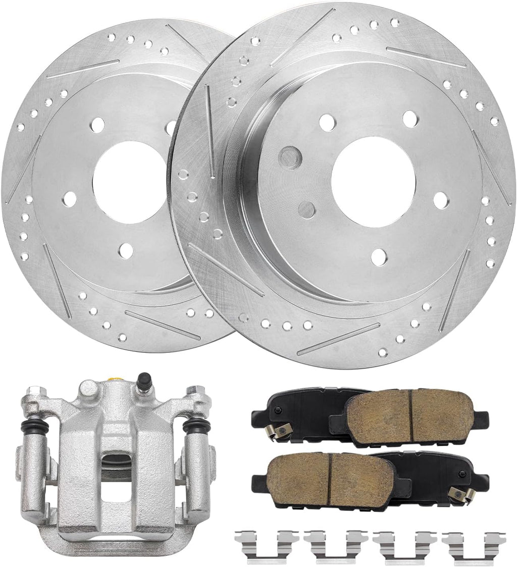 Detroit Axle - Rear Brake Kit for 2003 2004 2005 Infiniti G35 Nissan 350Z Drilled & Slotted Brake Rotors Brake Caliper Ceramic Brakes Pads Replacement