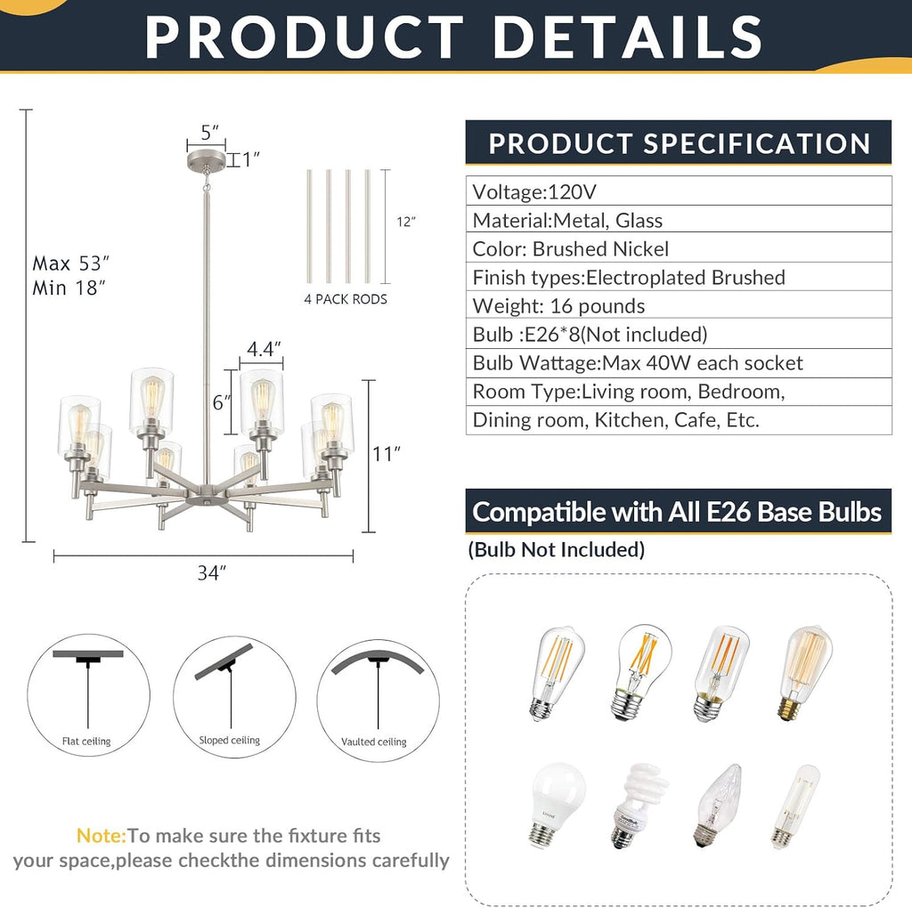 Brushed Nickel Chandeliers for Dining Room | 8 Lights Living Room Light Fixture Over Table | Farmhouse Chandelier with Clear Glass Shade | Hallway Lighting for Kitchen Island | Bedroom | Restaurant