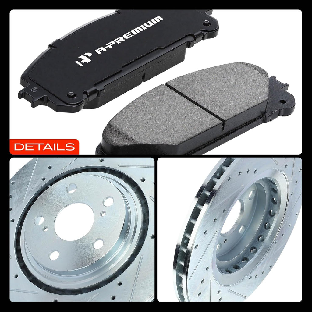 A-Premium 12.91 inch (327.91mm) Front Drilled and Slotted Disc Brake Rotors + Ceramic Pads Kit Compatible with Select Lexus and Toyota Models - NX200t, NX300, NX300h, RX350, RX450h, Highlander, Sienna