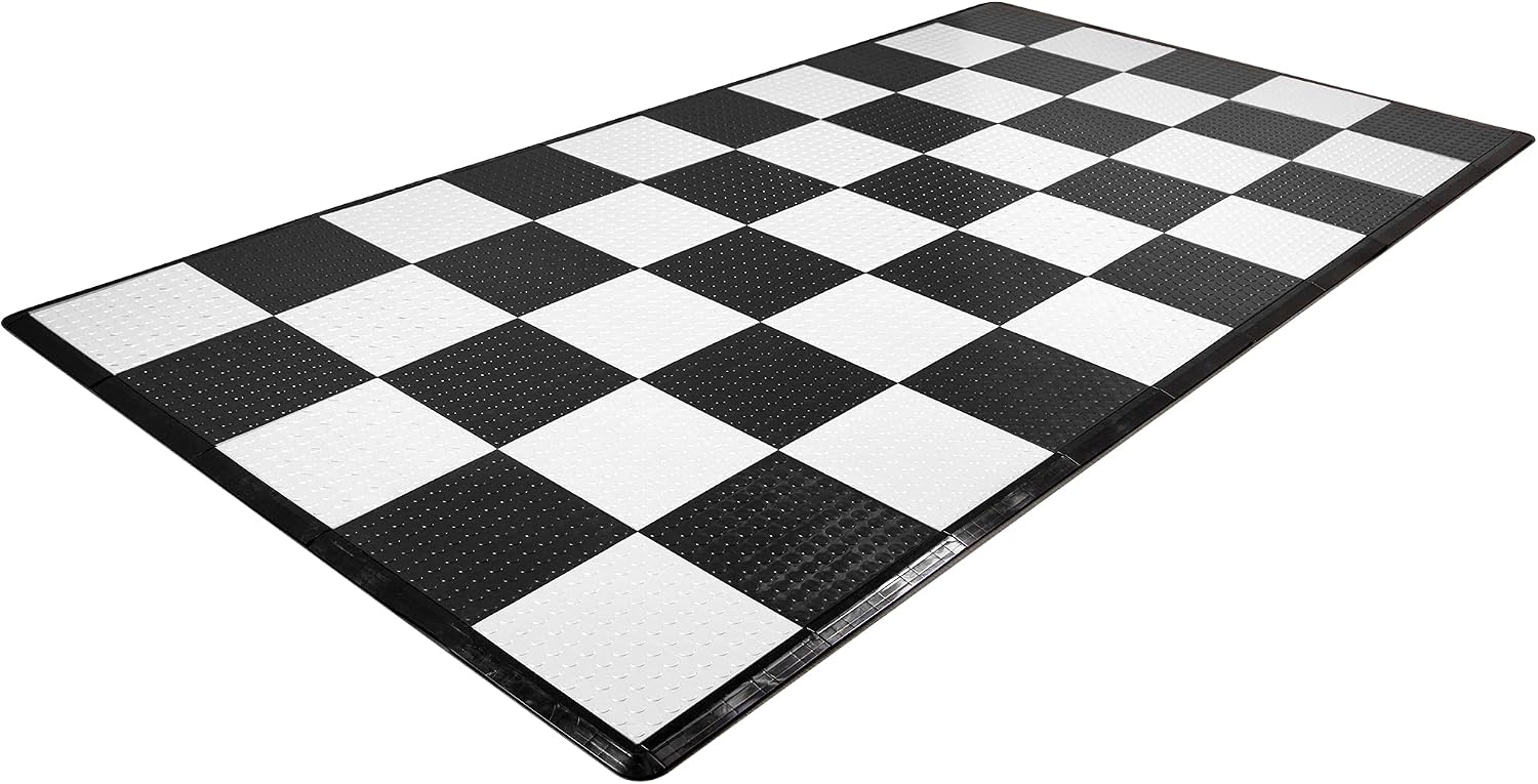 IncStores ⅜ Inch Thick Nitro Interlocking Garage Floor Tiles | Plastic Floor Tile Set for Parking, Protecting, and Displaying Motorcycles | 12'x12' Tiles, Coin, Black/Arctic White