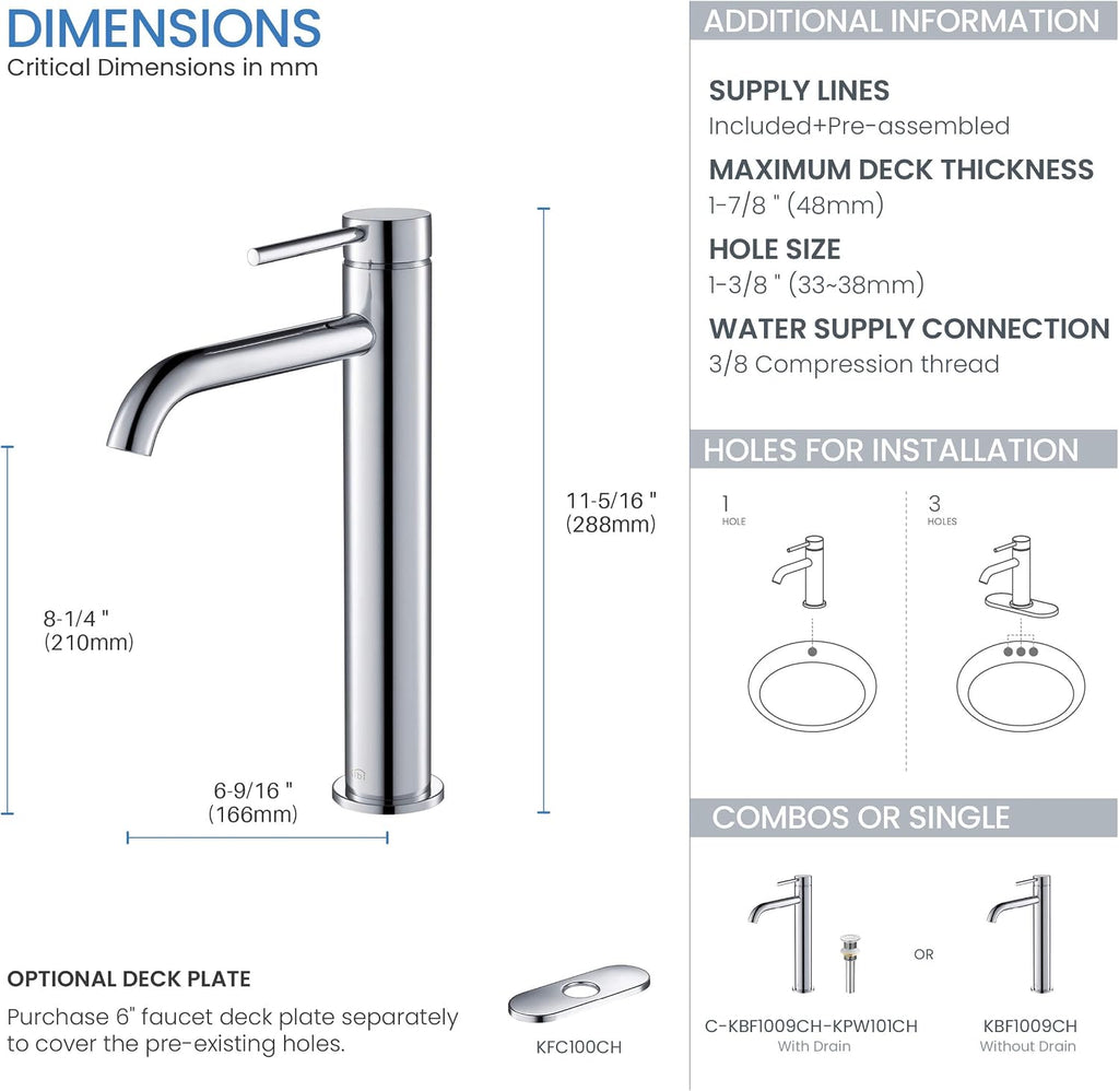 KIBI KBF1009 Solid Brass Single Handle Single Hole Circular Faucet for Bathroom Sink with Pop Up Drain | High Arc Faucet Spout Design | Rust and Corrosion Resistant | Chrome Finish