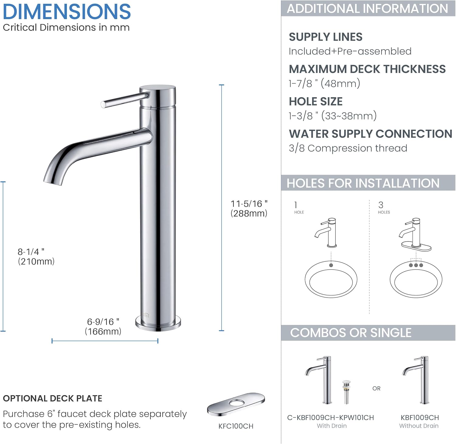 KIBI KBF1009 Solid Brass Single Handle Single Hole Circular Faucet for Bathroom Sink with Pop Up Drain | High Arc Faucet Spout Design | Rust and Corrosion Resistant | Chrome Finish