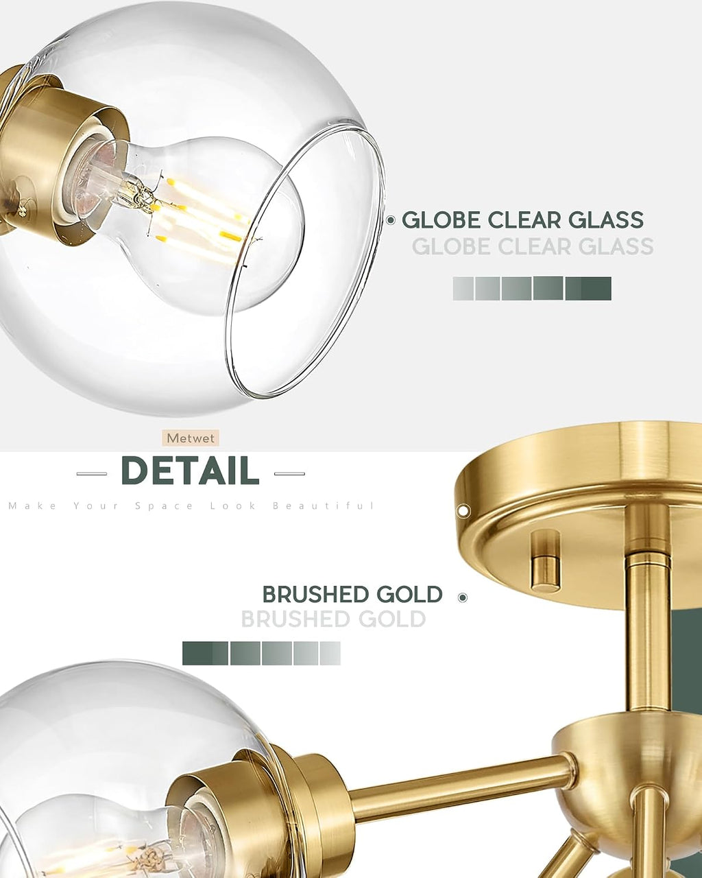6-Light Semi Flush Mount Ceiling Light, 22' Modern Light Fixtures Ceiling Mount with Globe Clear Glass Shade, Brushed Gold Light Fixtures for Kitchen Entryway Bedroom, SM195-BG-6