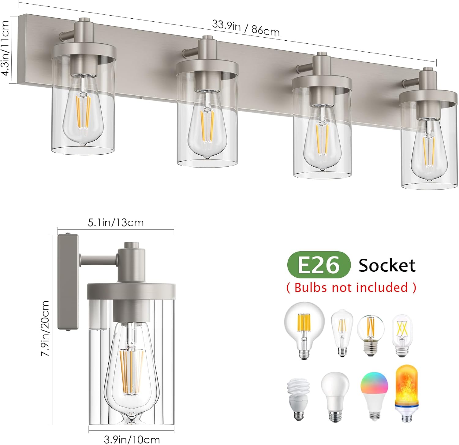 Aipsun Brushed Nickel Bathroom Light Fixtures 4 Lights Vanity Light for Bathroom Lighting Fixtures Over Mirror(Exclude Bulb)