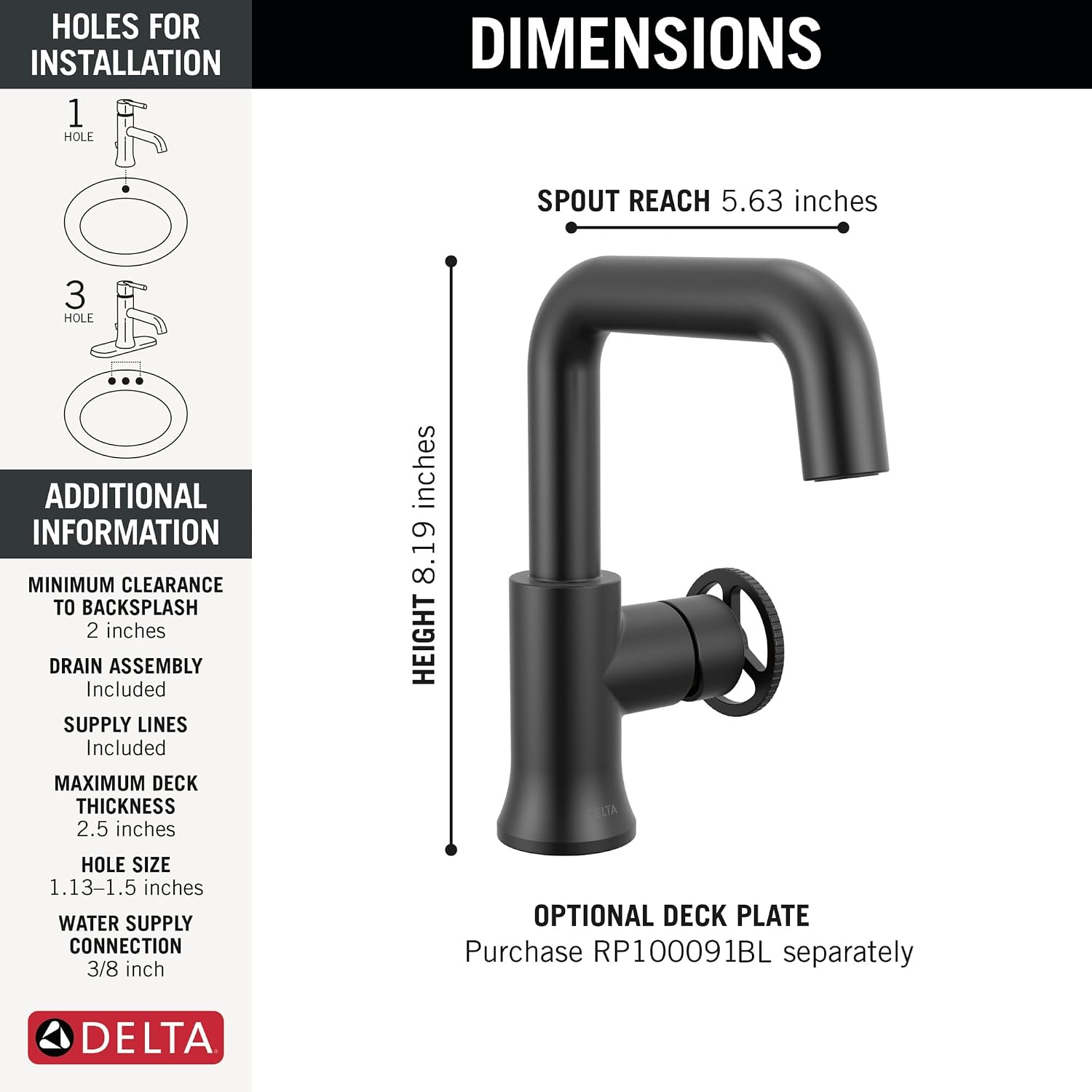 Delta Trinsic U-Spout 1-Hole Bathroom Faucet with Wheel Handle, Matte Black Single Hole Bathroom Sink Faucet, Metal Push-Pop Drain Assembly, Matte Black 5547HAR-BL-DST