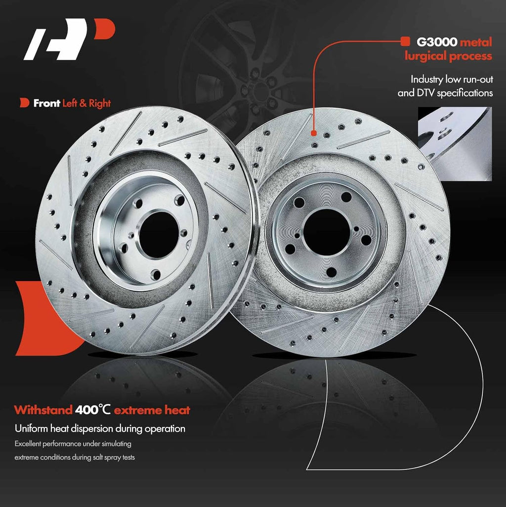 A-Premium 11.57 inch (293.80mm) Front Drilled and Slotted Disc Brake Rotors + Ceramic Pads Kit Compatible with Select Subaru & Saab Models - Outback, Forester, Impreza, Legacy, Baja, 9-2X, 6-PC Set