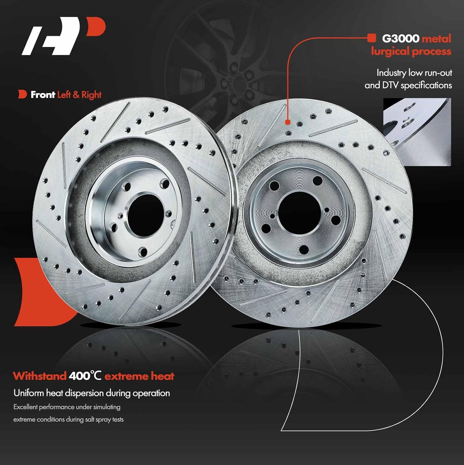 A-Premium 11.57 inch (293.80mm) Front Drilled and Slotted Disc Brake Rotors + Ceramic Pads Kit Compatible with Select Subaru & Saab Models - Outback, Forester, Impreza, Legacy, Baja, 9-2X, 6-PC Set