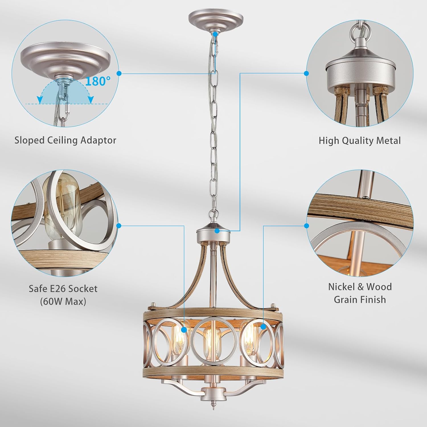 XINGQI 12.6' Modern Farmhouse Chandeliers Round 3-Light Dining Room Light Fixture Over Table Metal Drum Pendant Hanging Lamp Brushed Nickel and Wood Grain Finish for Entryway Bedroom Kitchen