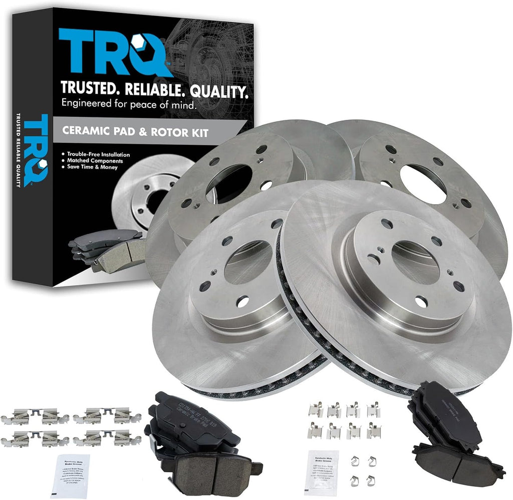 TRQ Front and Rear Brake Pad and Rotor Set Ceramic Vented Solid Rotors Compatible with 2011-2016 Scion tC