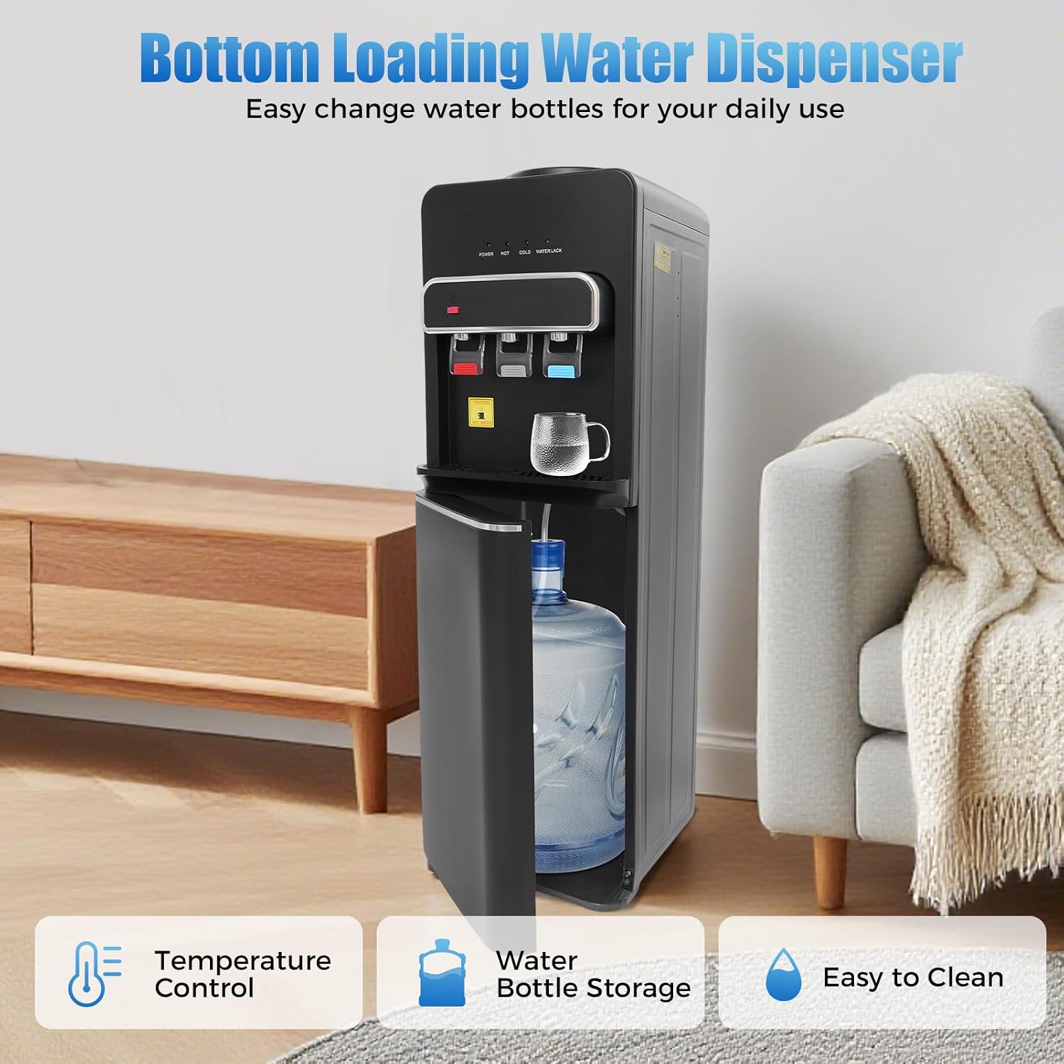 Bottom Loading Water Cooler Dispenser 3 Temperature Settings Hot, Cold & Room Water, Water Dispenser for 3 or 5 Gallon Bottles Heating Capacity 1.32Gal/H, Cooling 0.53Gal/H (Black 550W)