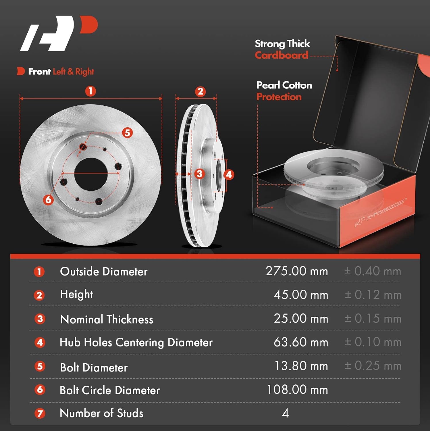 A-Premium 10.83 inch (275mm) Front Vented Disc Brake Rotors + Ceramic Pads Kit Compatible with Select Ford Models - Focus 2008-2011, 6-PC Set