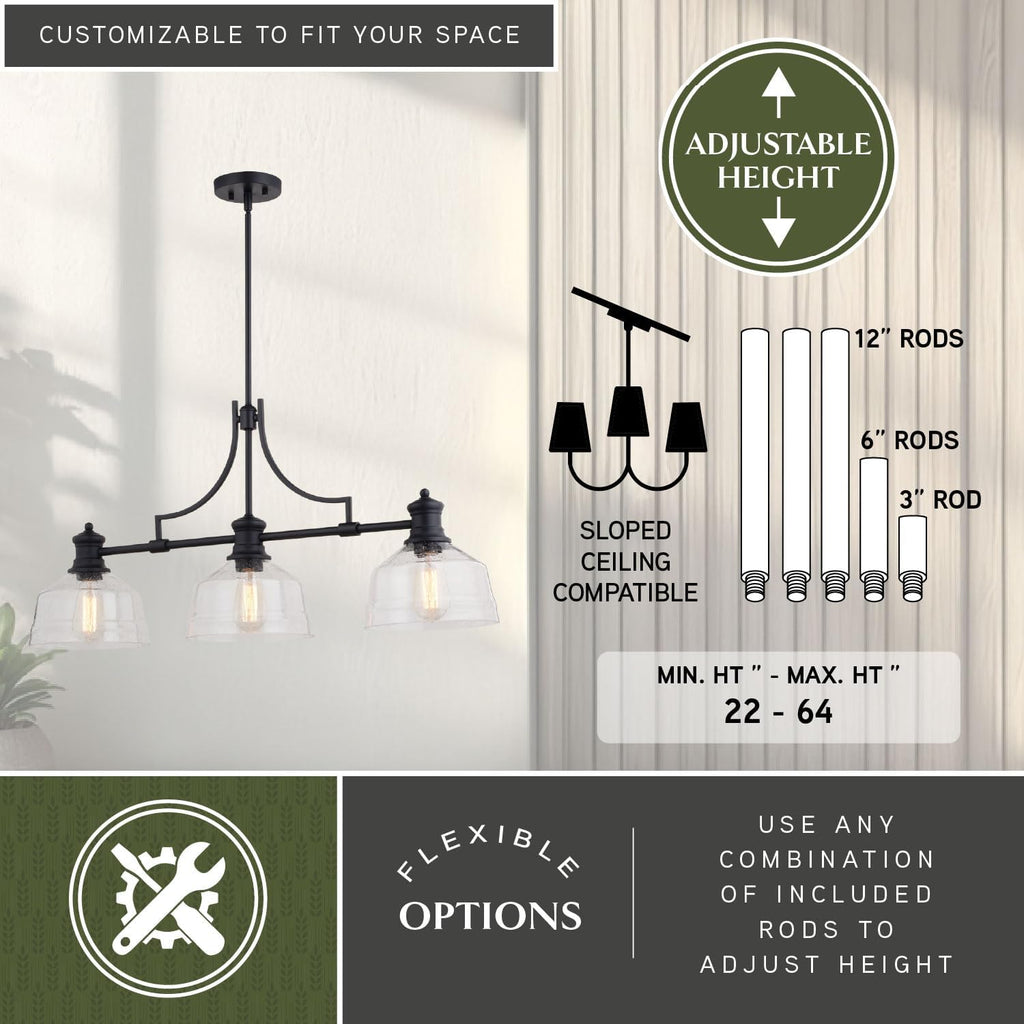 VAXCEL Beloit 3-Light, LED Compatible, Black Farmhouse Linear Chandelier, Island Pendant Light Fixture, Clear Seeded Glass, Matte Black Finish, Adjustable Height