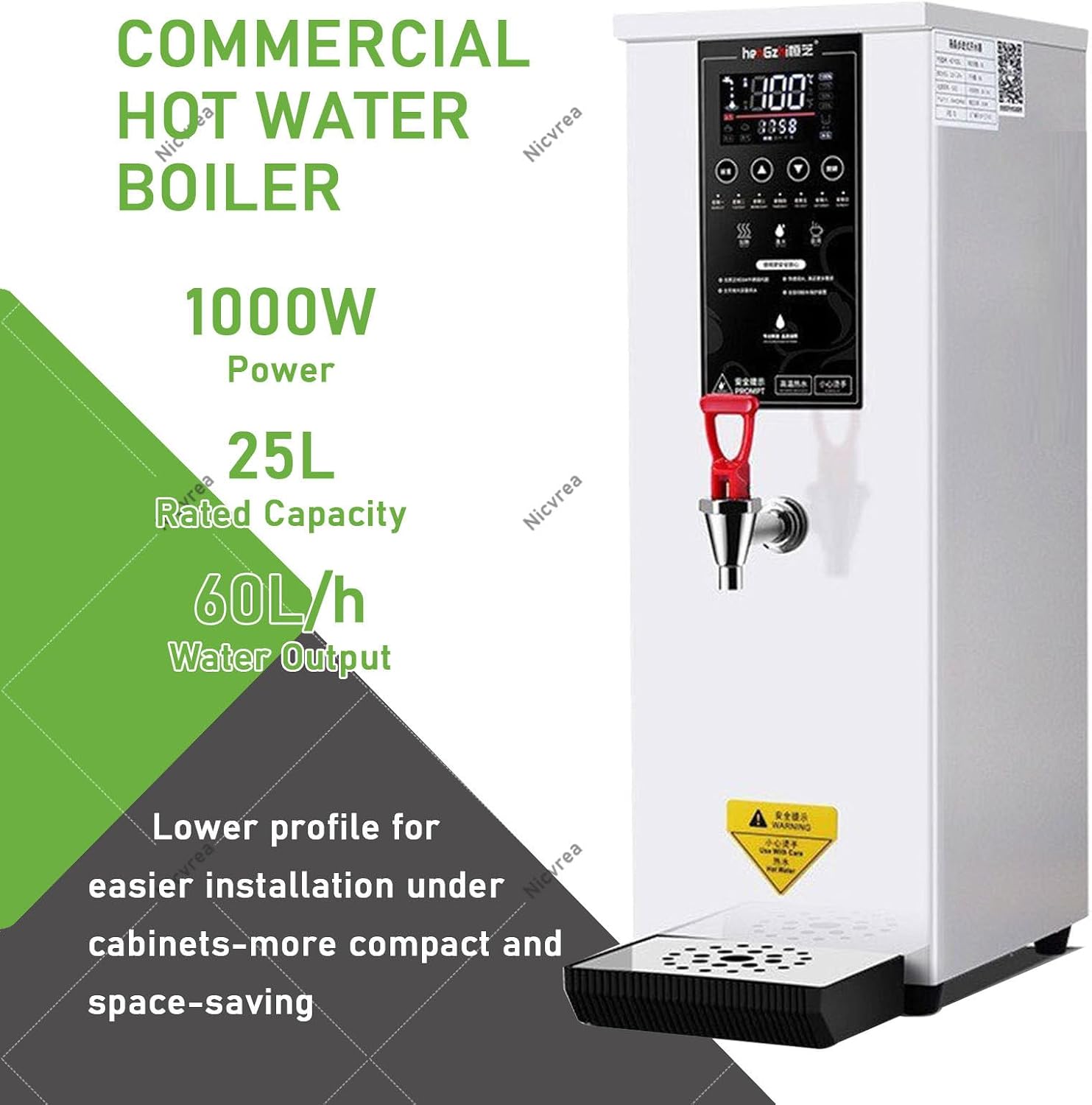 1000W Commercial Hot Water Dispenser Countertop, 25L(6.6Gal) /H Step-Heating Stainless Steel Water Boiler with Temperature Adjust for Boba Tea Office Restaurant Hotel White