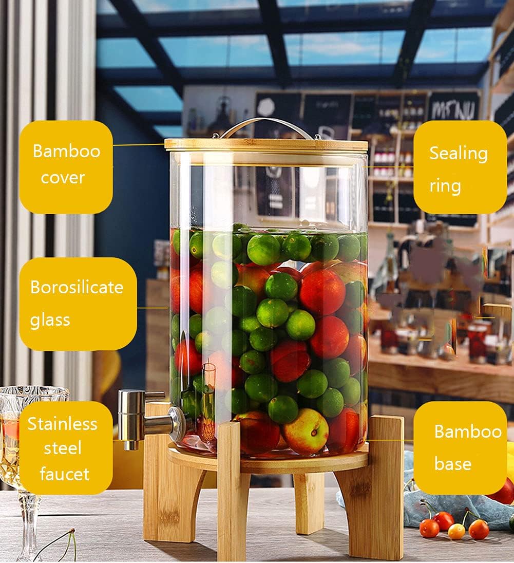 Drink Dispenser, Drinks Dispenser, Beverage Dispenser with Tap and Stand, Drinks Jar Dispenser for Wine Cocktail Glass Drink Barrel with Sealing Cap High Temperature Resistant Glass(5L)